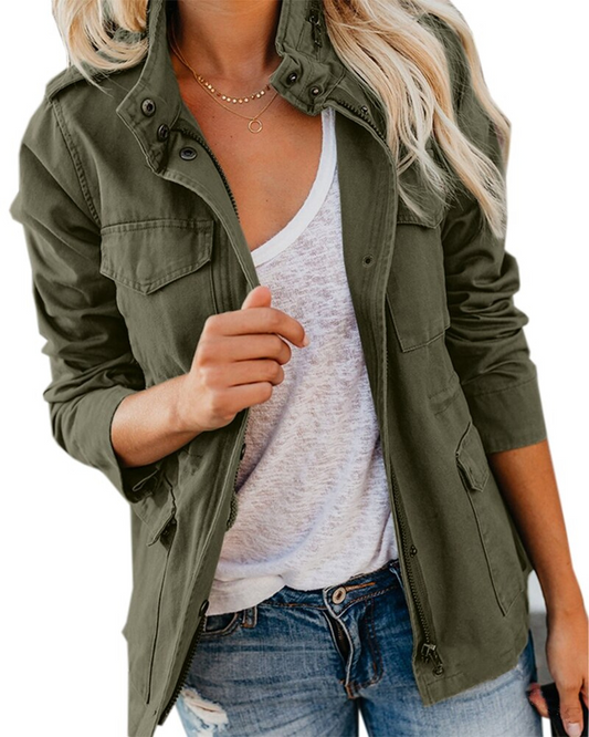 Mid-Length Zipper Jacket with Pockets and Round Neckline