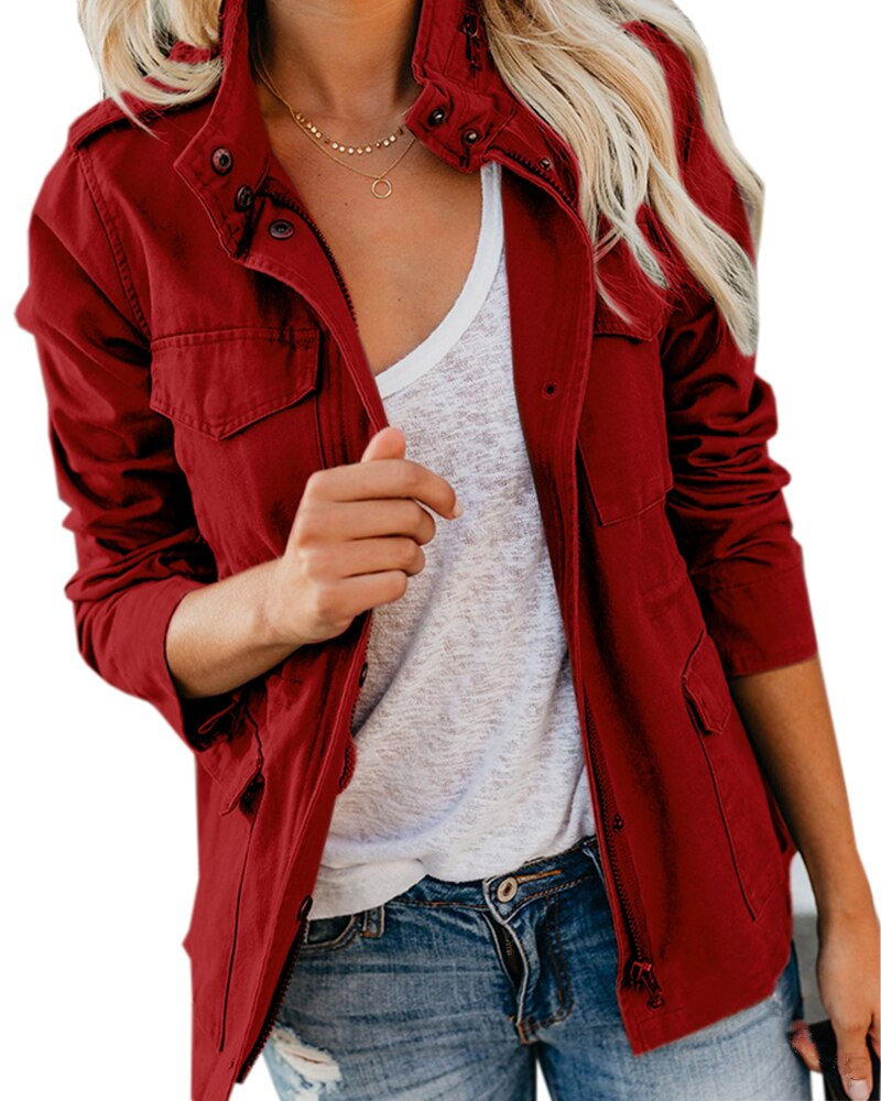 Mid-Length Zipper Jacket with Pockets and Round Neckline