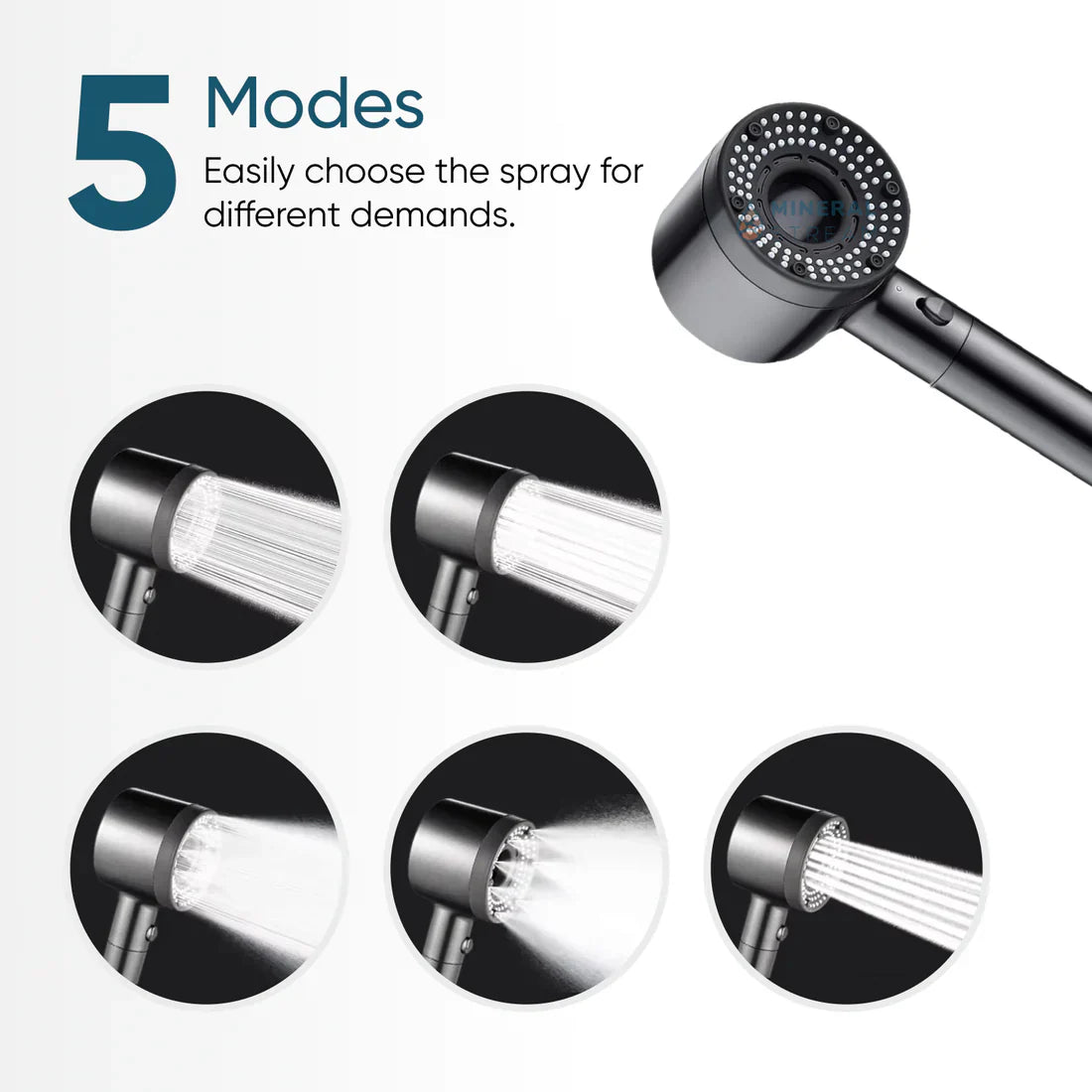 Adjustable Showerhead with Filter Protection and 5 Spray Settings