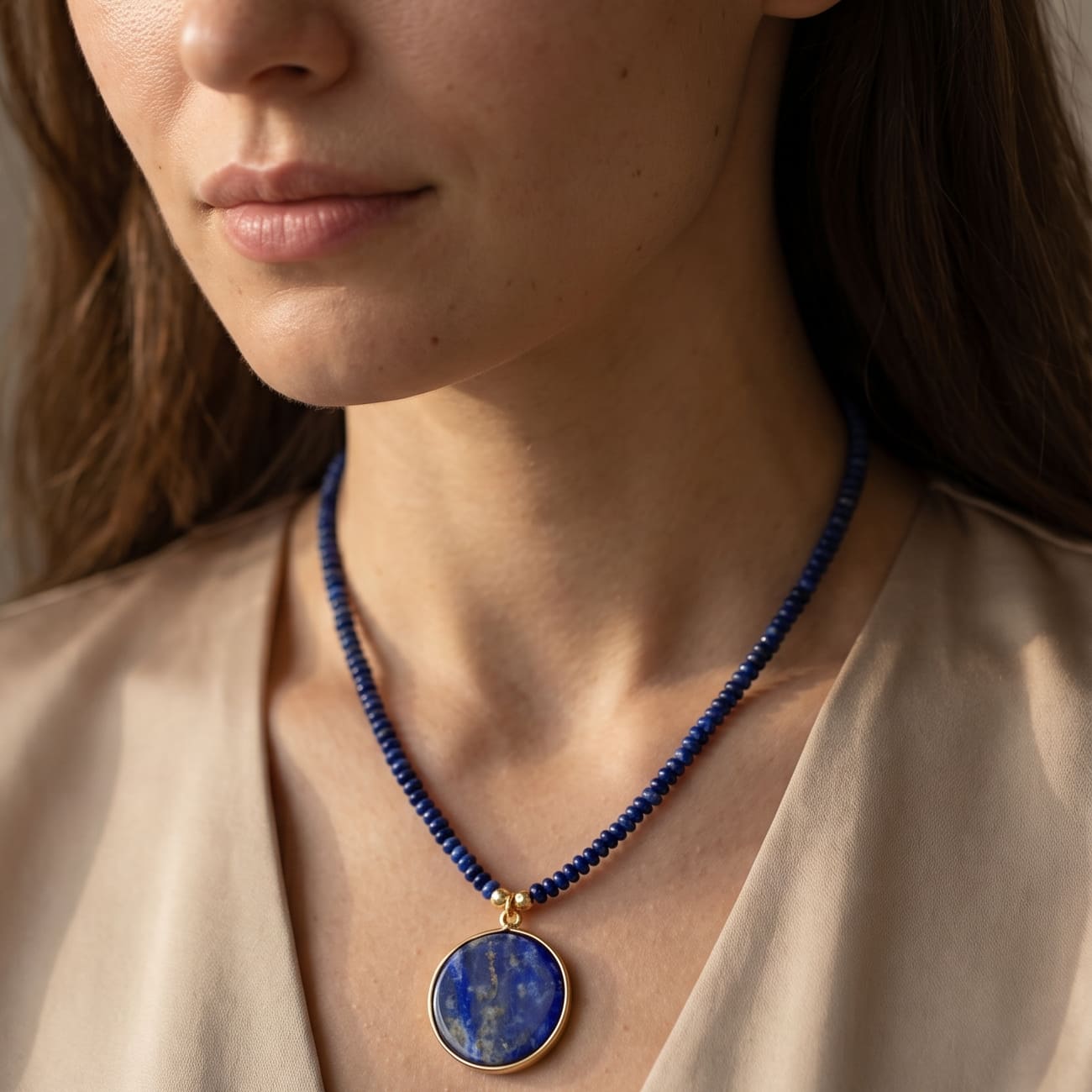 Round Lapis Lazuli Necklace with Golden Inclusions