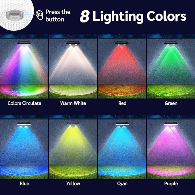 Solar LED Fence Lights with RGB Color Changing and Warm White Options, Waterproof Outdoor Deck Lighting