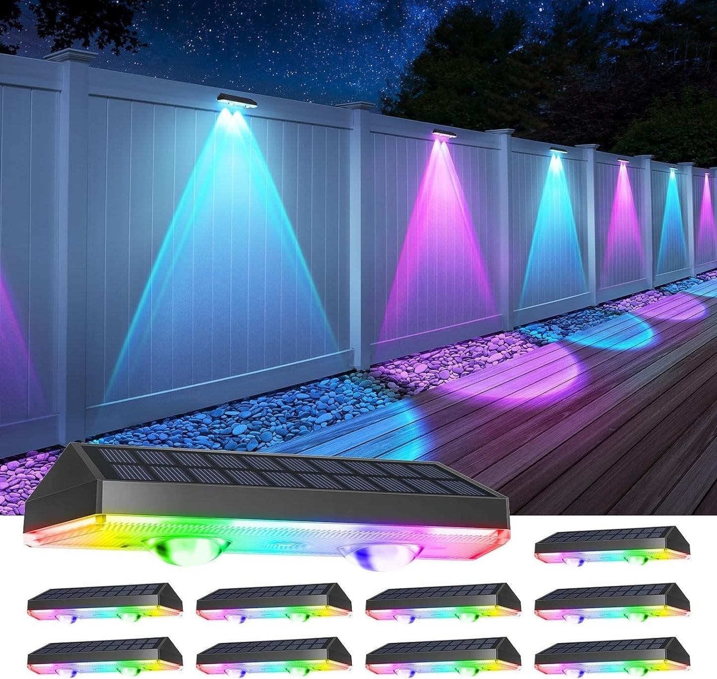 Solar LED Fence Lights with RGB Color Changing and Warm White Options, Waterproof Outdoor Deck Lighting