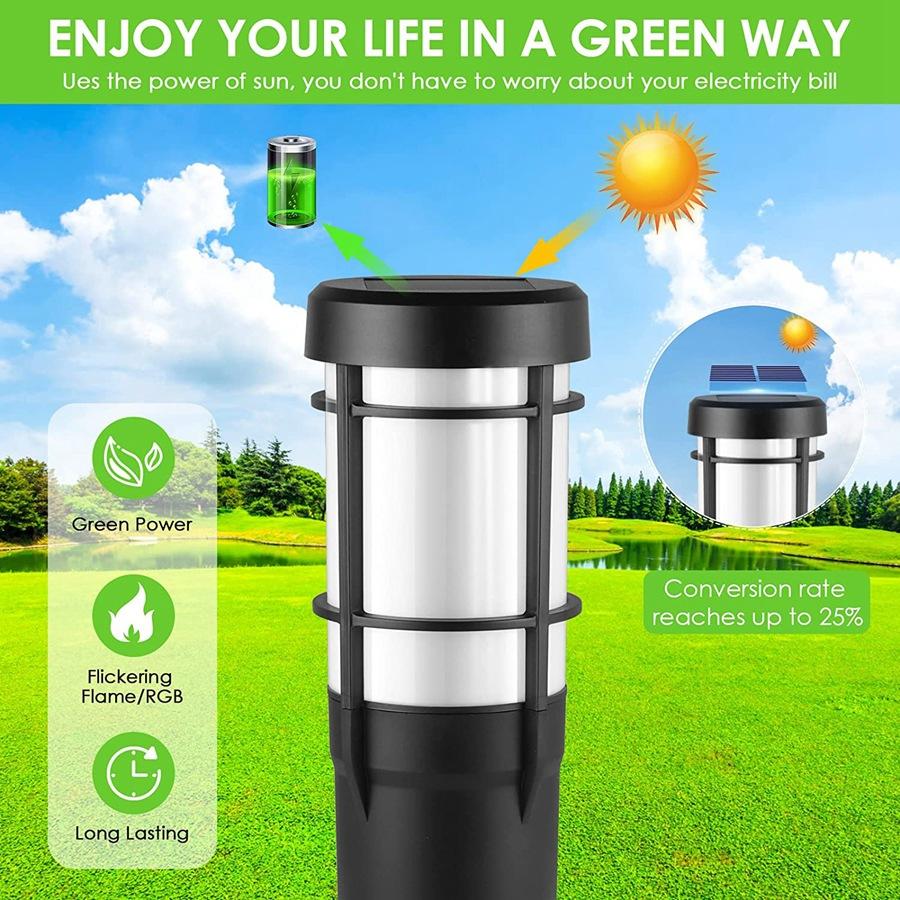 Solar Path Lights with Flickering Flame and RGB Color Changing, Waterproof LED Outdoor Lights for Garden and Yard