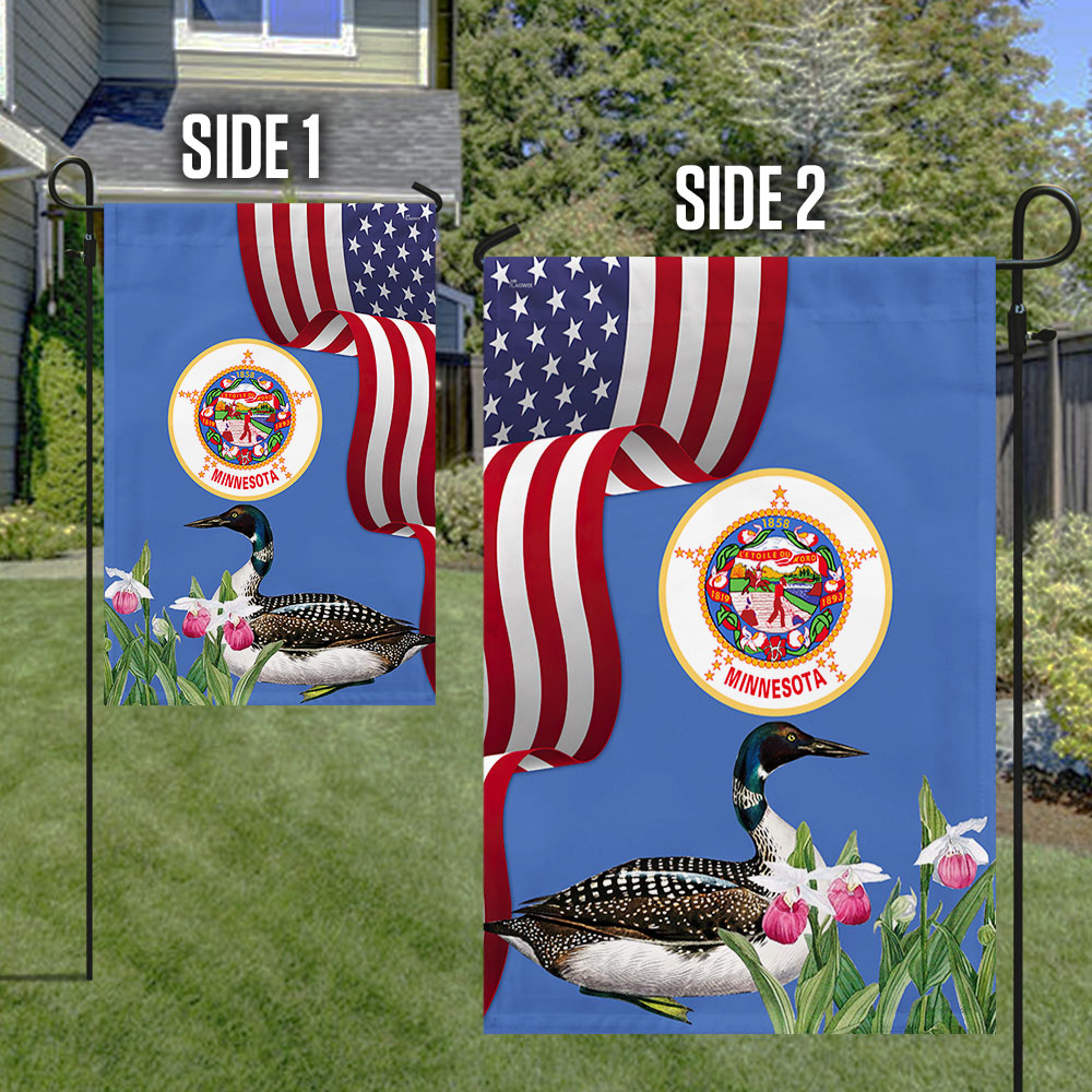 Minnesota State Lady's Slipper Flower and Loon Double-Sided Flag