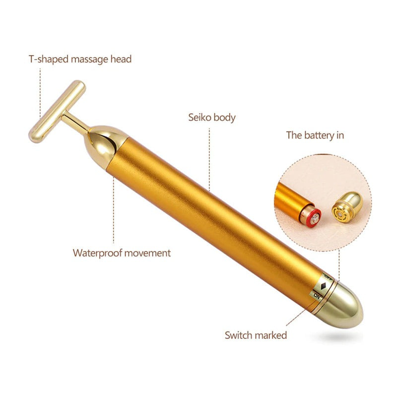 Gold T-Bar Facial Roller Massager with Vibration Therapy