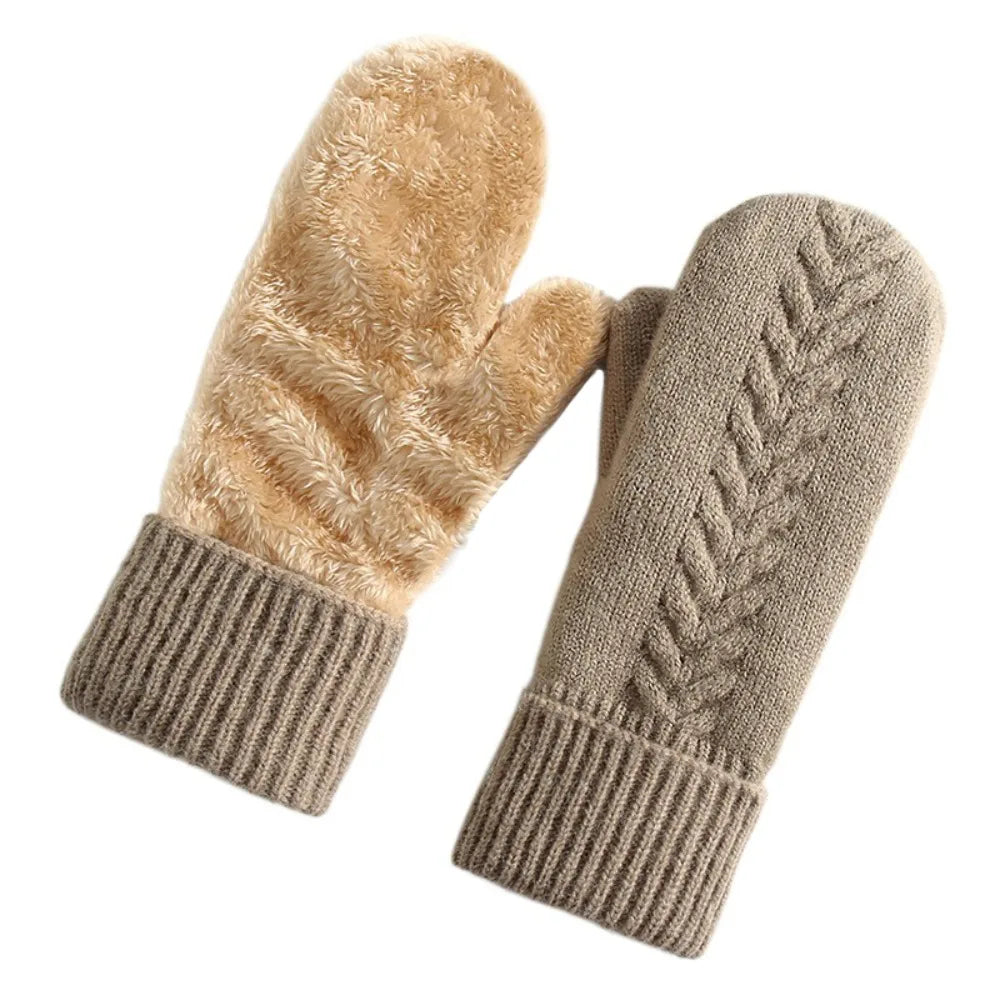 Double Layer Fleece Lined Knit Winter Mittens