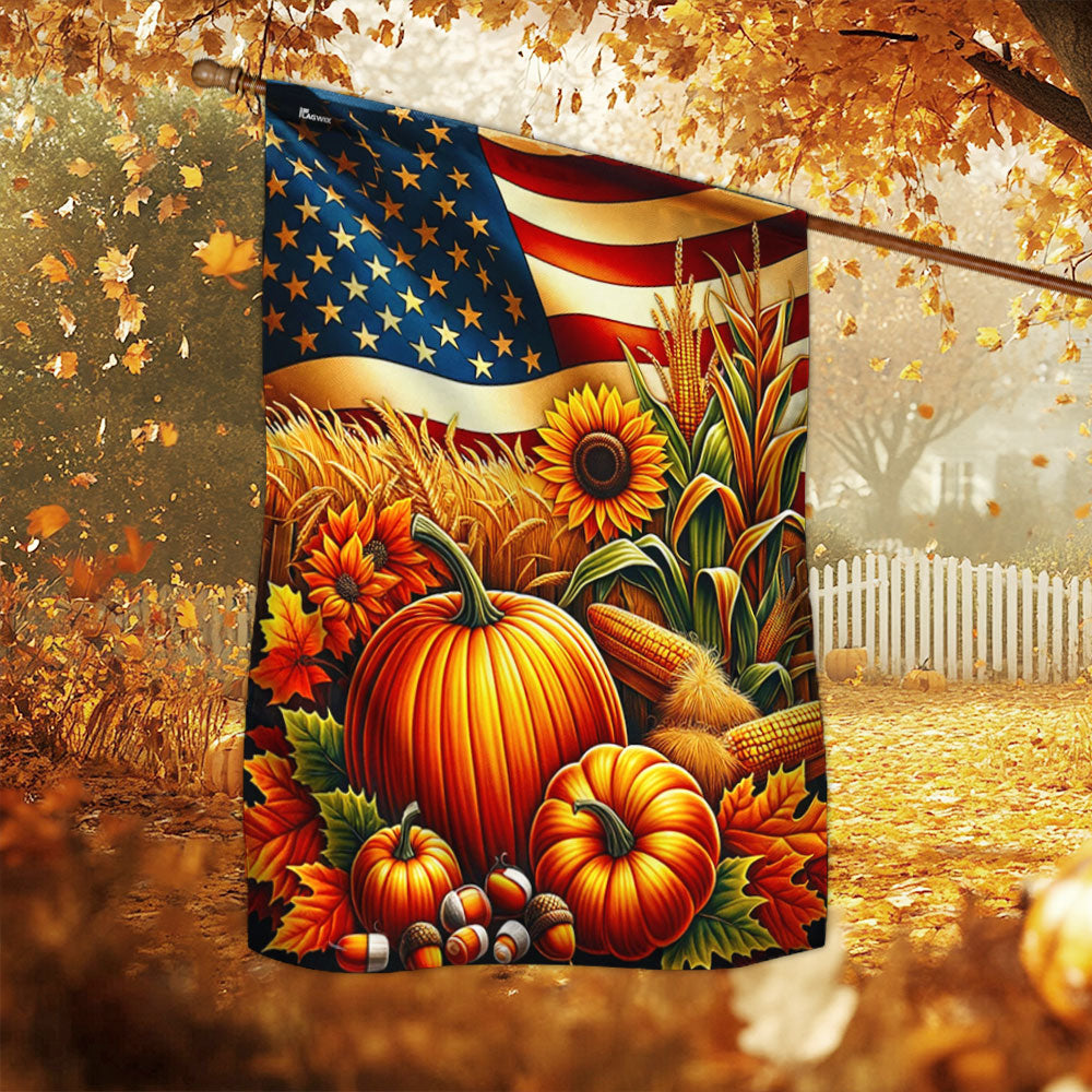 Double-Sided Fall Thanksgiving Pumpkin Flag with American Flag Design