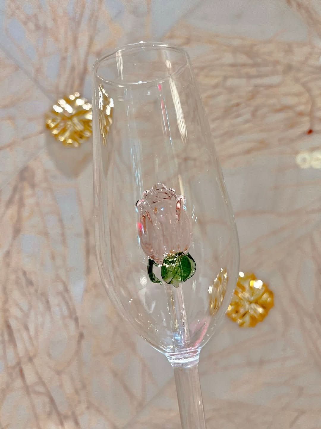 Handcrafted Champagne Glasses with Rose Design