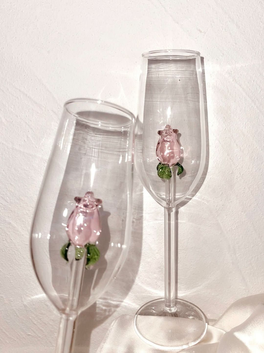 Handcrafted Champagne Glasses with Rose Design