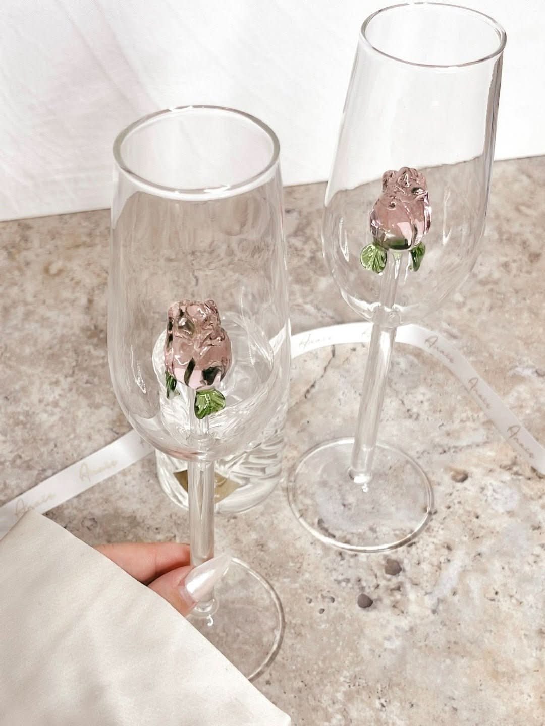 Handcrafted Champagne Glasses with Rose Design