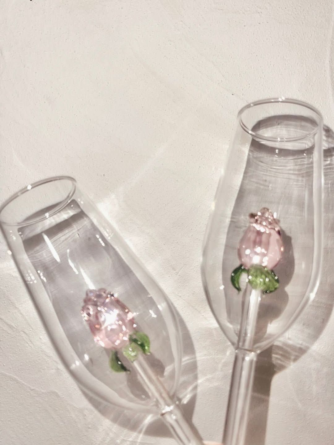 Handcrafted Champagne Glasses with Rose Design