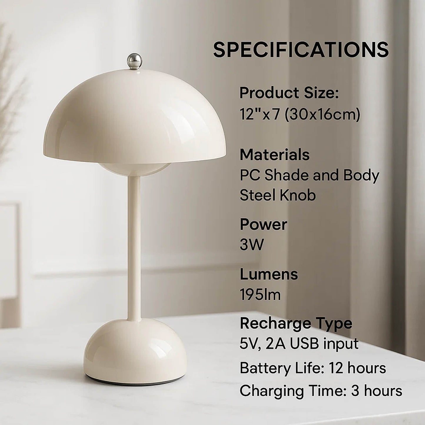 Rechargeable Mushroom Table Lamp with Touch Control - Minimalist Design