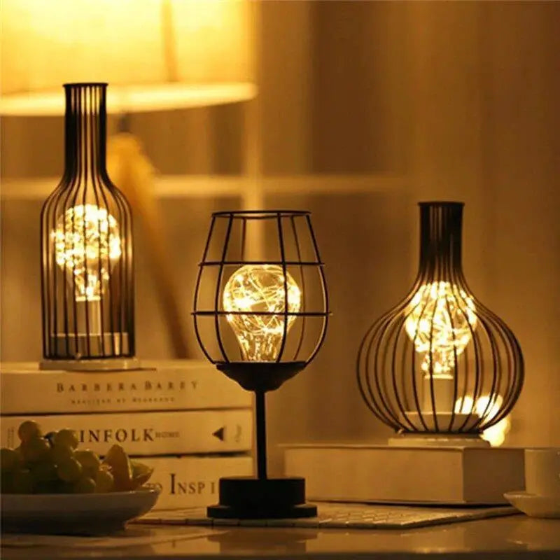Bottle-Shaped Metal Cage Bedside Lamp with LED Fairy Light