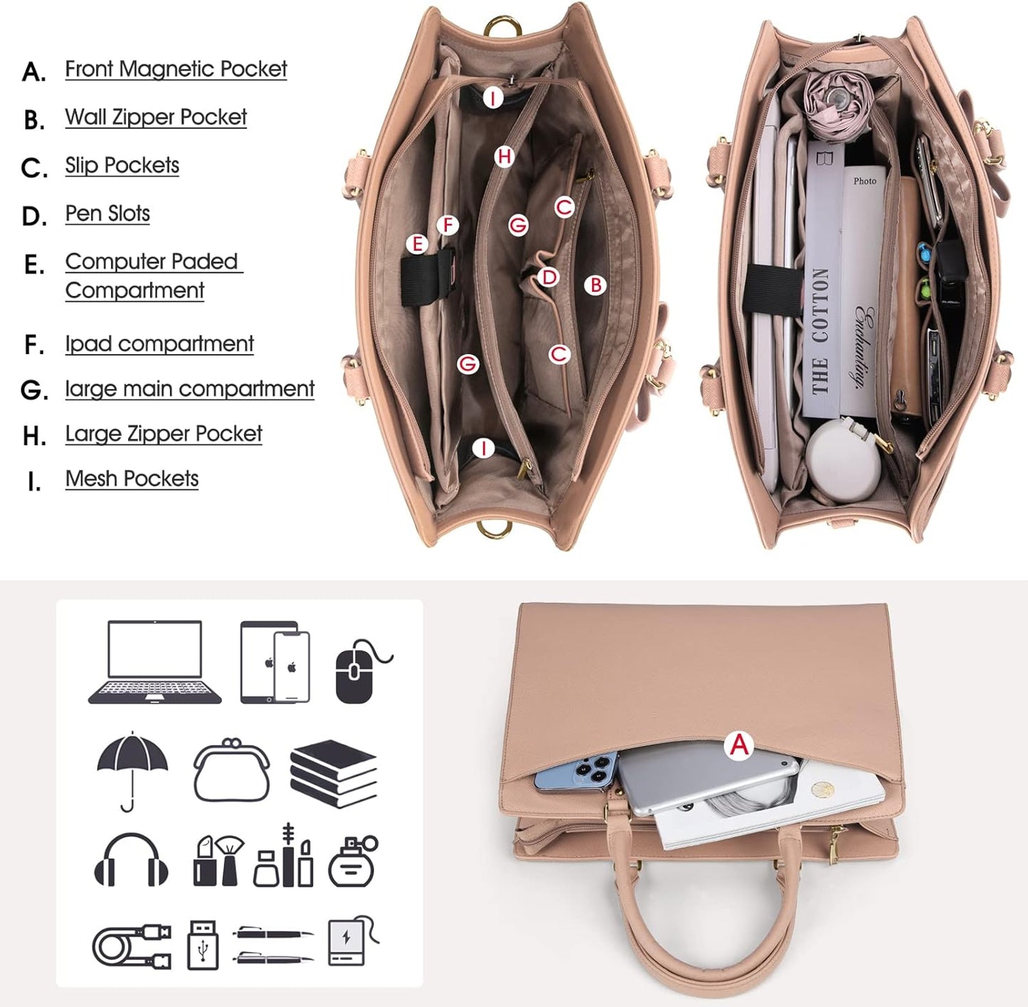 Waterproof PU Leather Laptop Tote Bag for Women with Multi-Pocket Design