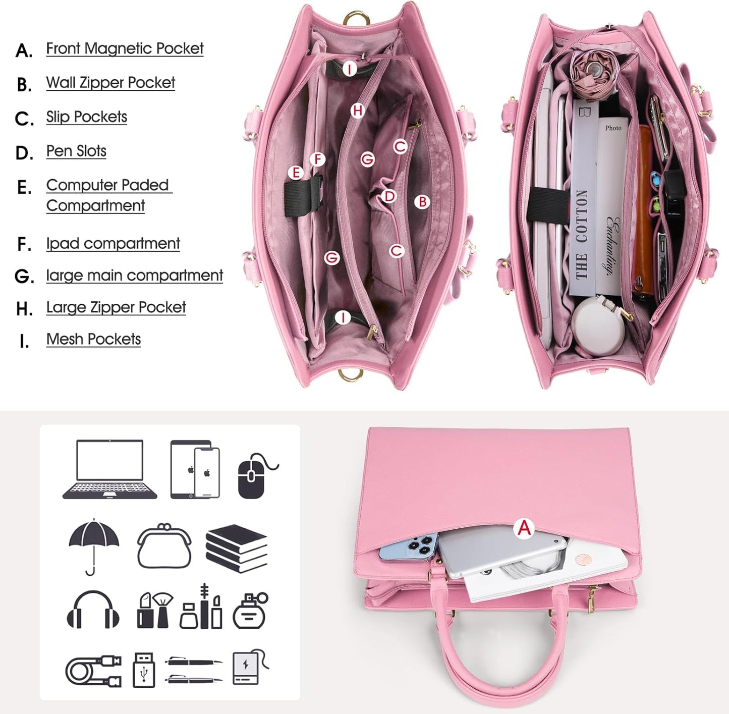 Waterproof PU Leather Laptop Tote Bag for Women with Multi-Pocket Design