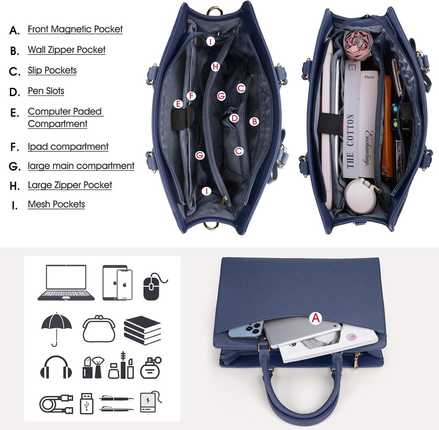 Waterproof PU Leather Laptop Tote Bag for Women with Multi-Pocket Design