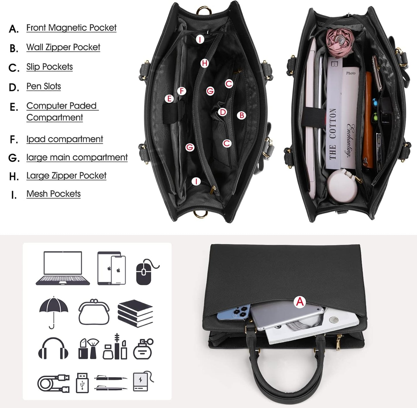 Waterproof PU Leather Laptop Tote Bag for Women with Multi-Pocket Design