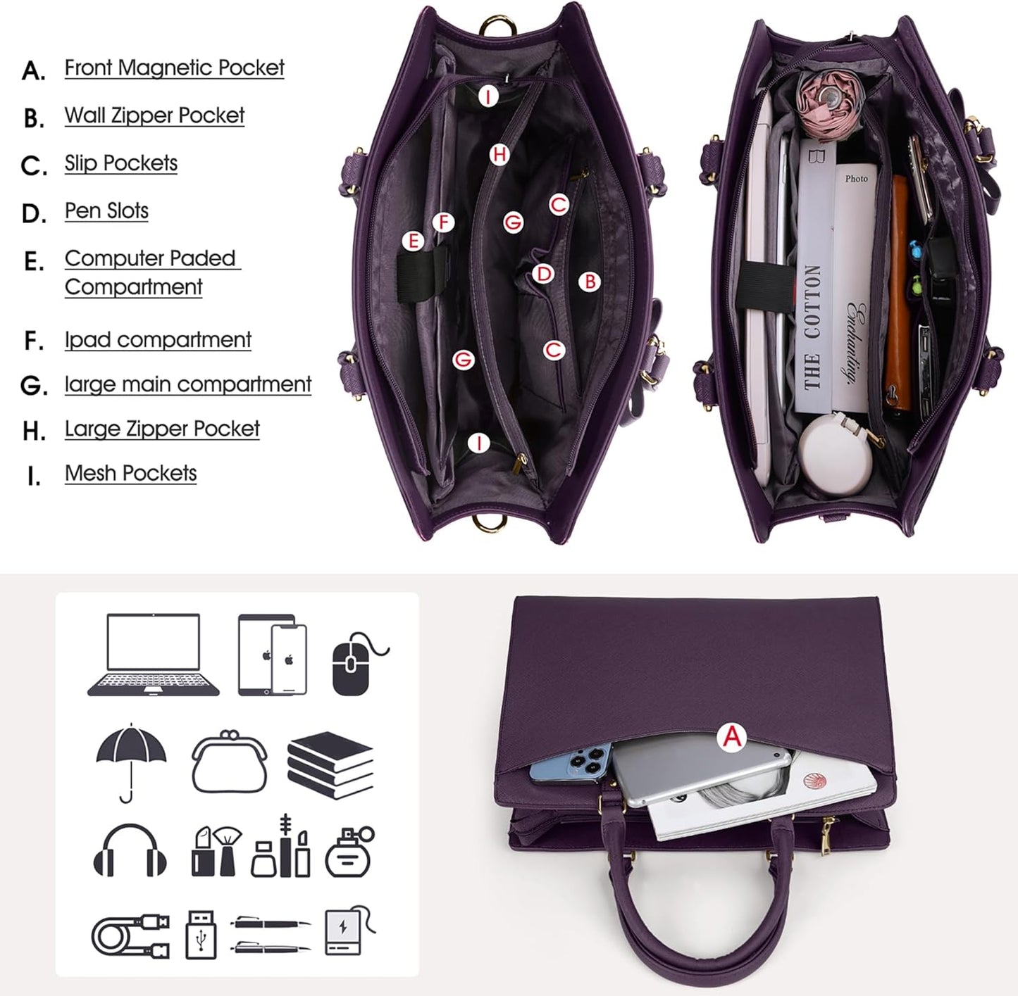 Waterproof PU Leather Laptop Tote Bag for Women with Multi-Pocket Design