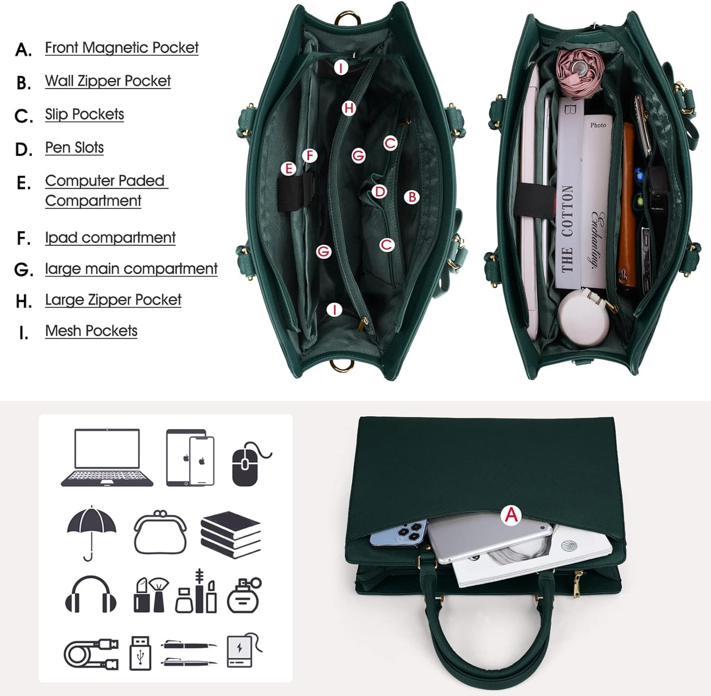 Waterproof PU Leather Laptop Tote Bag for Women with Multi-Pocket Design