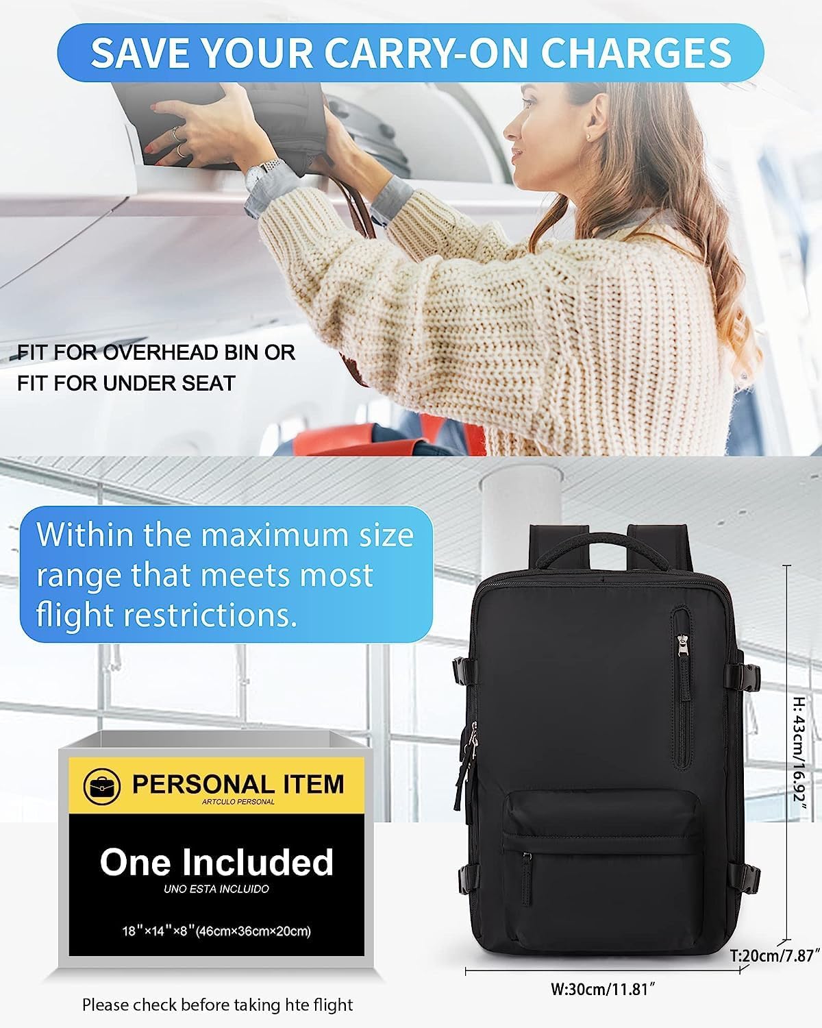 40L Waterproof Travel Backpack with Shoe Compartment and USB Charging Port for 14 Inch Laptop