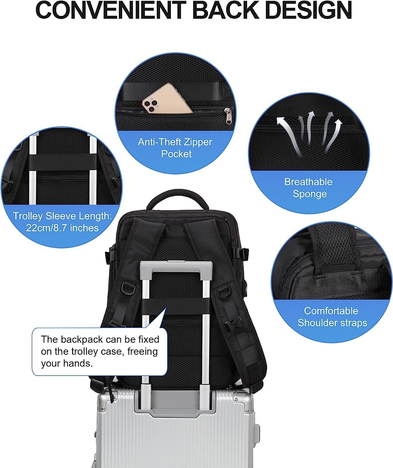 40L Waterproof Travel Backpack with Shoe Compartment and USB Charging Port for 14 Inch Laptop