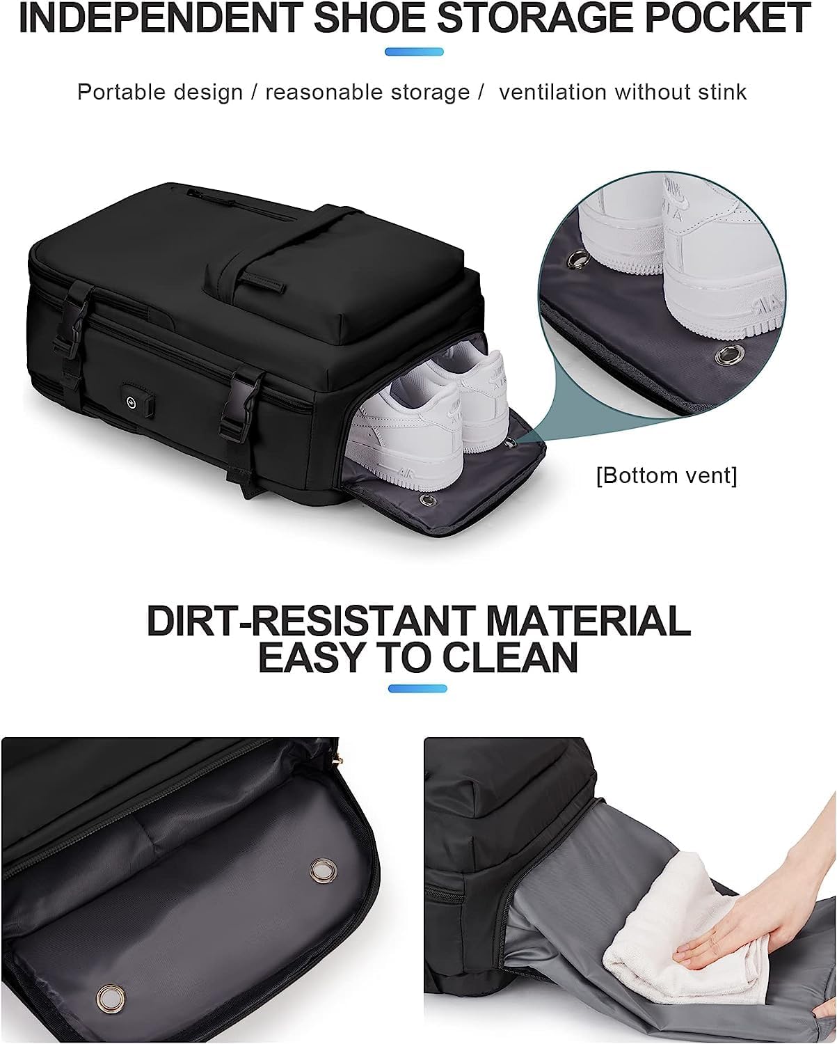 40L Waterproof Travel Backpack with Shoe Compartment and USB Charging Port for 14 Inch Laptop