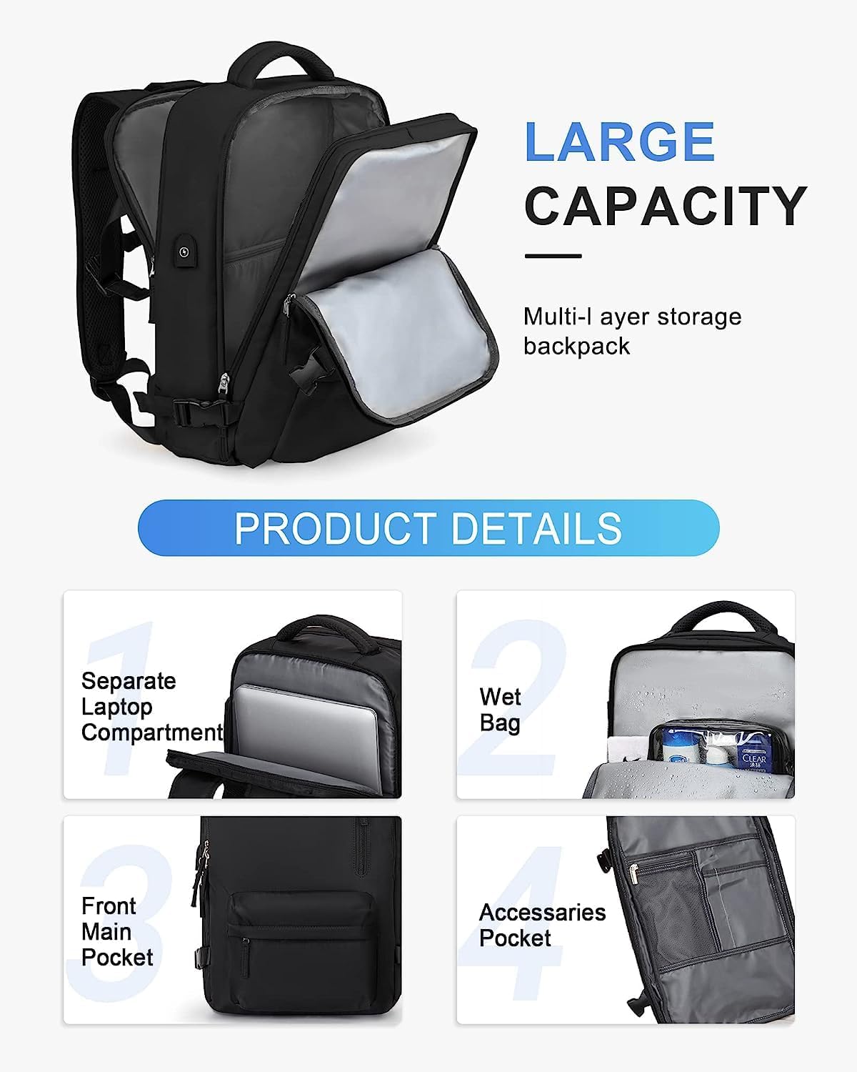 40L Waterproof Travel Backpack with Shoe Compartment and USB Charging Port for 14 Inch Laptop