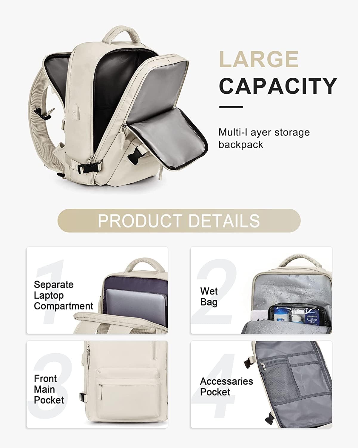 40L Waterproof Travel Backpack with Shoe Compartment and USB Charging Port for 14 Inch Laptop