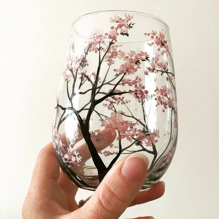 Hand-Painted Seasonal Wine Glasses with Nature Motif