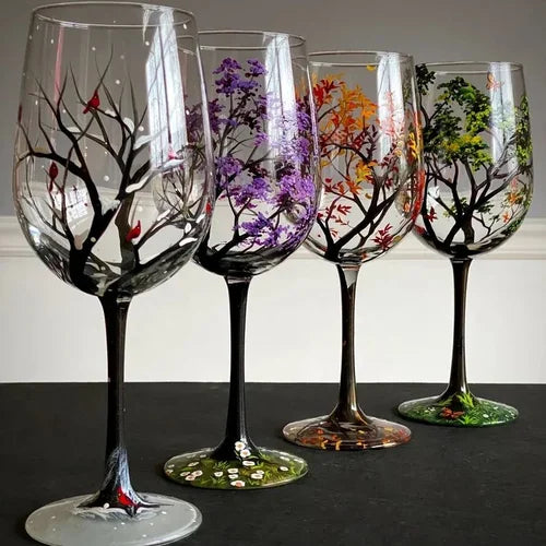 Hand-Painted Seasonal Wine Glasses with Nature Motif
