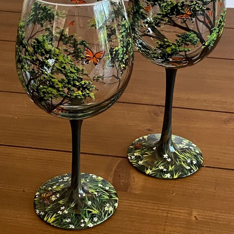 Hand-Painted Seasonal Wine Glasses with Nature Motif