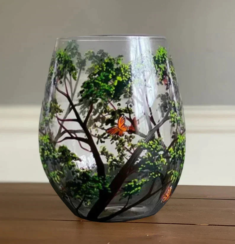 Hand-Painted Seasonal Wine Glasses with Nature Motif
