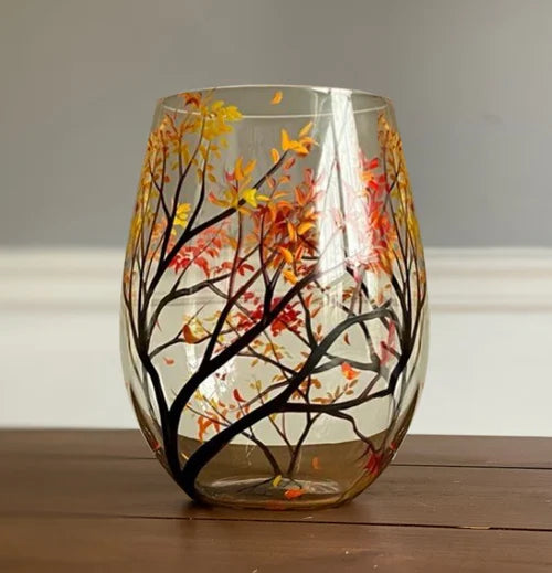 Hand-Painted Seasonal Wine Glasses with Nature Motif