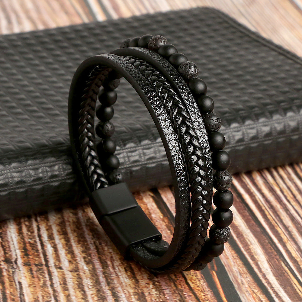 Faux Leather Men's Bracelet Set with Pearl Accents