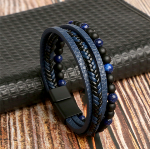 Faux Leather Men's Bracelet Set with Pearl Accents