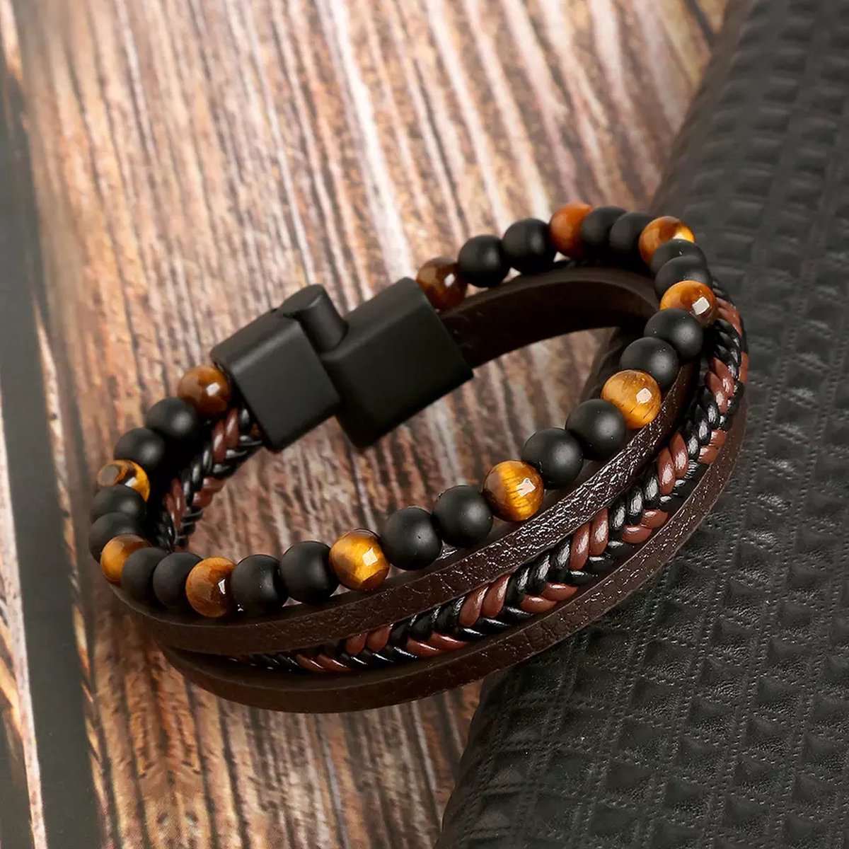 Faux Leather Men's Bracelet Set with Pearl Accents