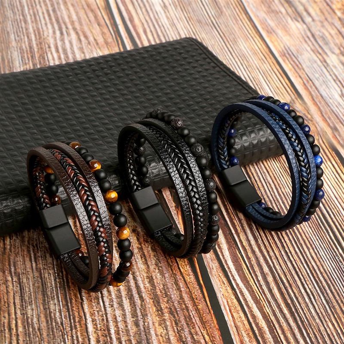 Faux Leather Men's Bracelet Set with Pearl Accents
