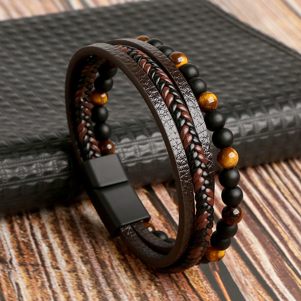 Faux Leather Men's Bracelet Set with Pearl Accents