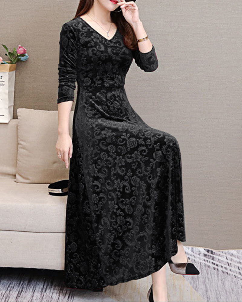 A-line Midi Dress with V-neckline and Long Sleeves