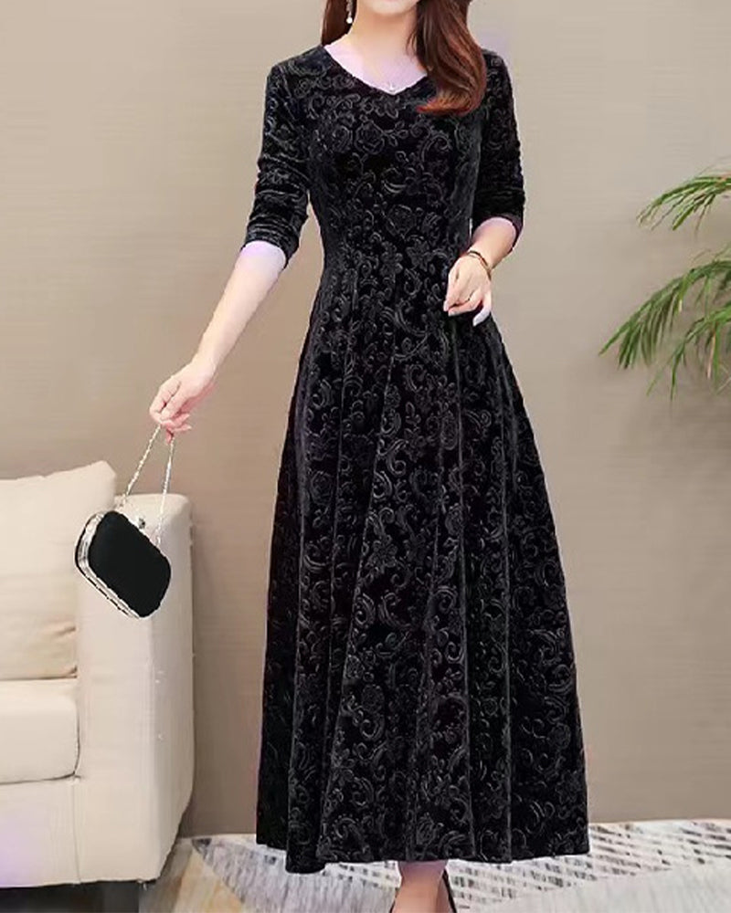 A-line Midi Dress with V-neckline and Long Sleeves