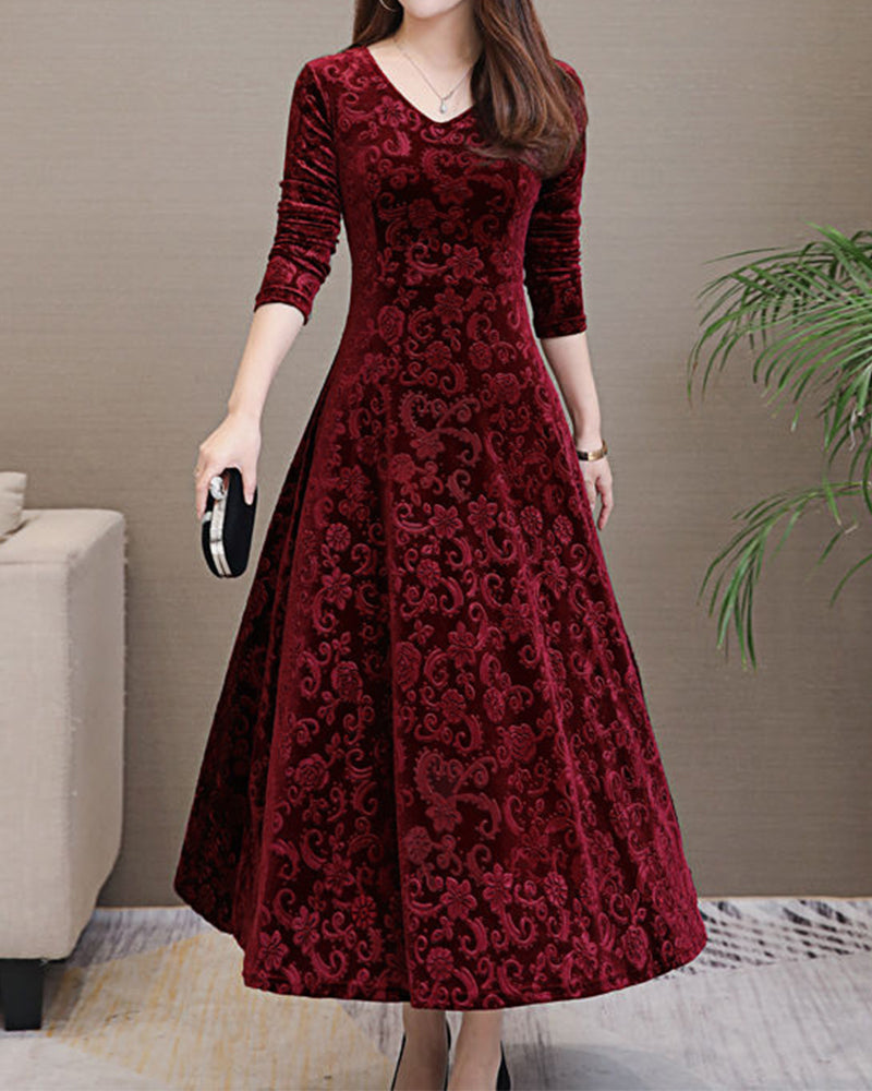 A-line Midi Dress with V-neckline and Long Sleeves