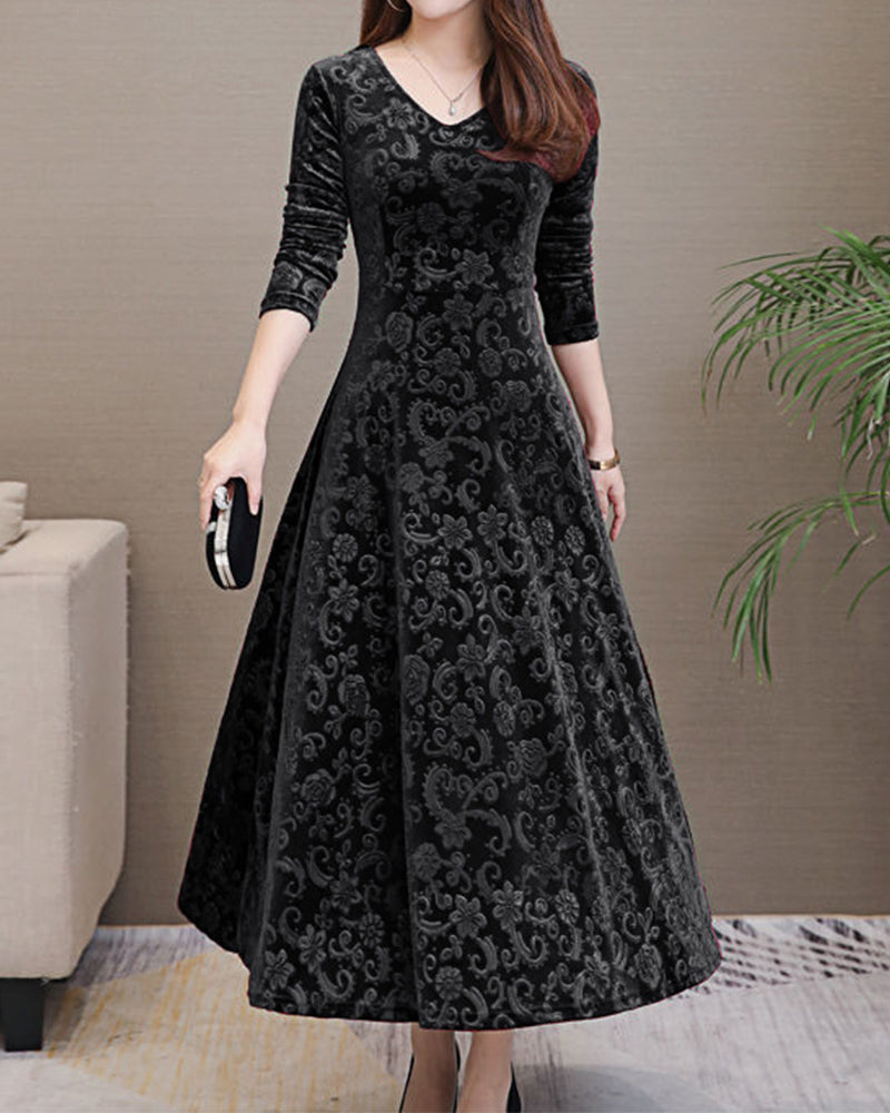 A-line Midi Dress with V-neckline and Long Sleeves