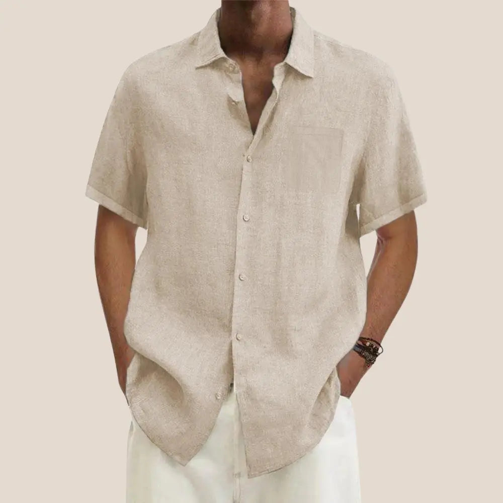 Men's Short Sleeve Linen Cotton Shirt with Classic Collar