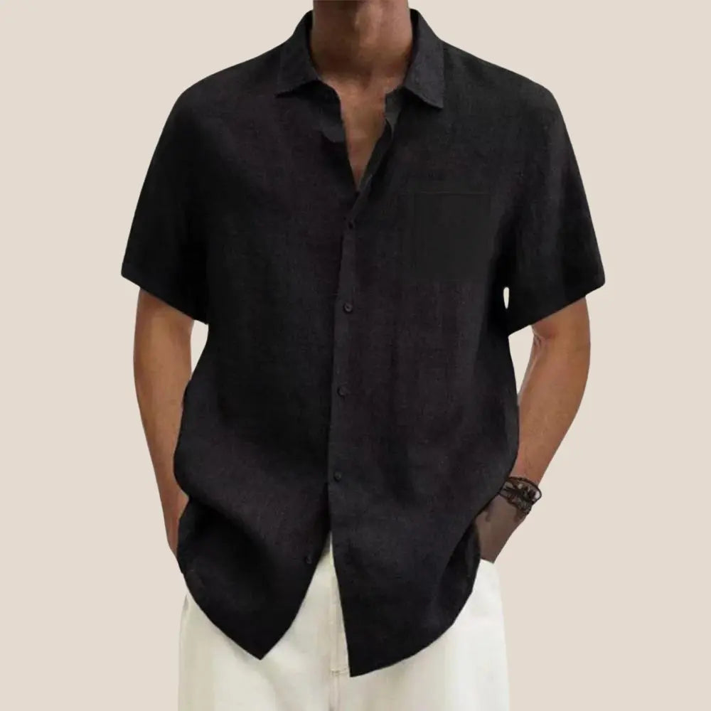 Men's Short Sleeve Linen Cotton Shirt with Classic Collar