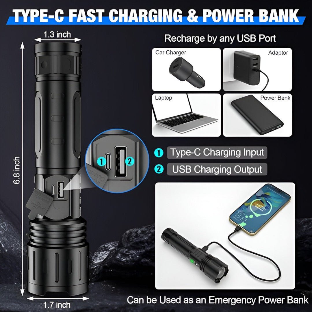 100,000 Lumen Rechargeable LED Tactical Flashlight with Power Bank