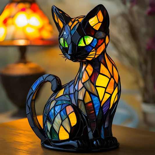 Handcrafted Mosaic Cat Lamp with Color-Changing Light