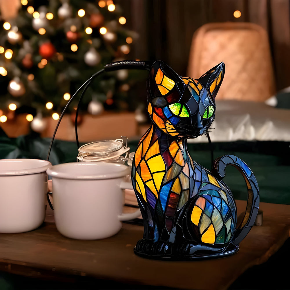 Handcrafted Mosaic Cat Lamp with Color-Changing Light