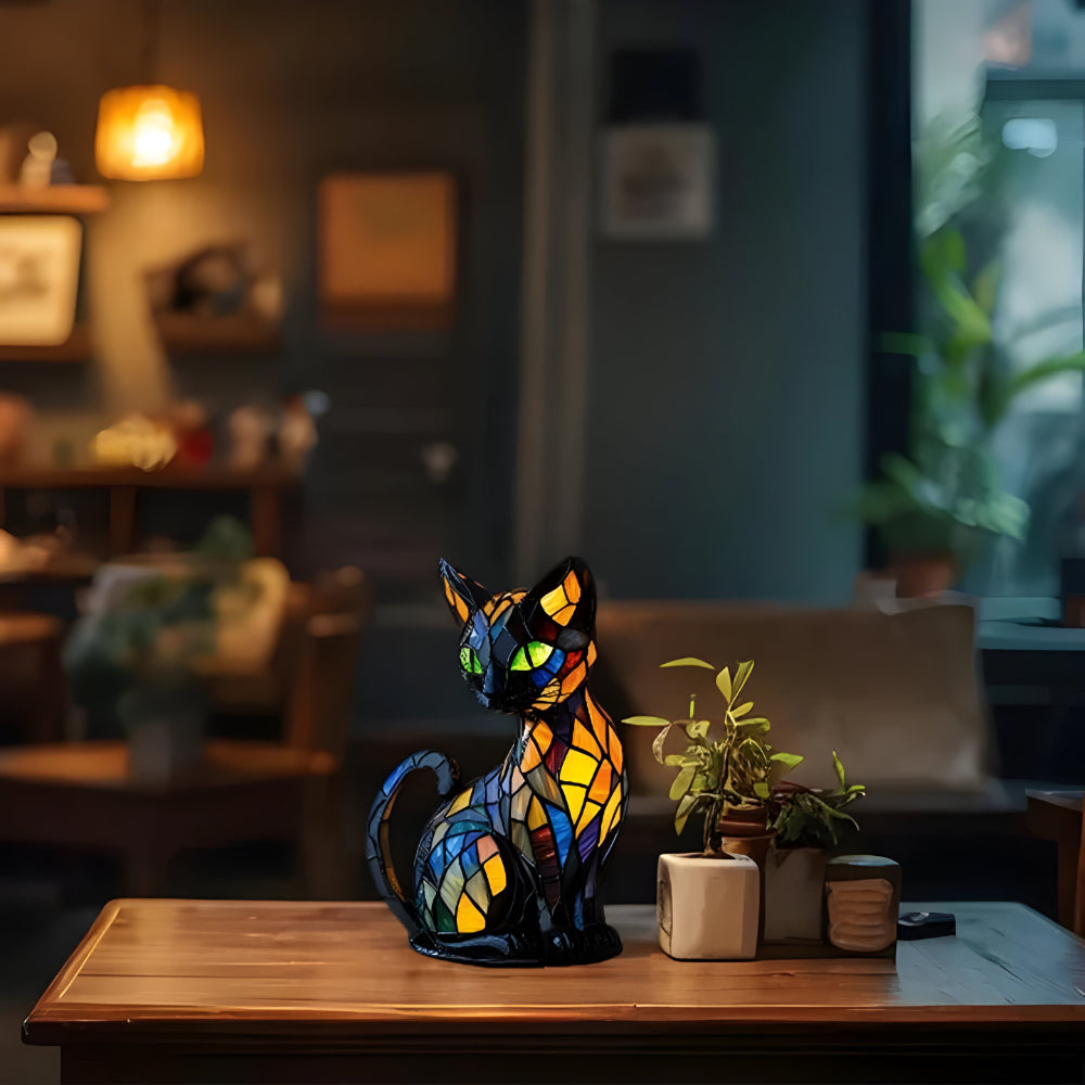 Handcrafted Mosaic Cat Lamp with Color-Changing Light