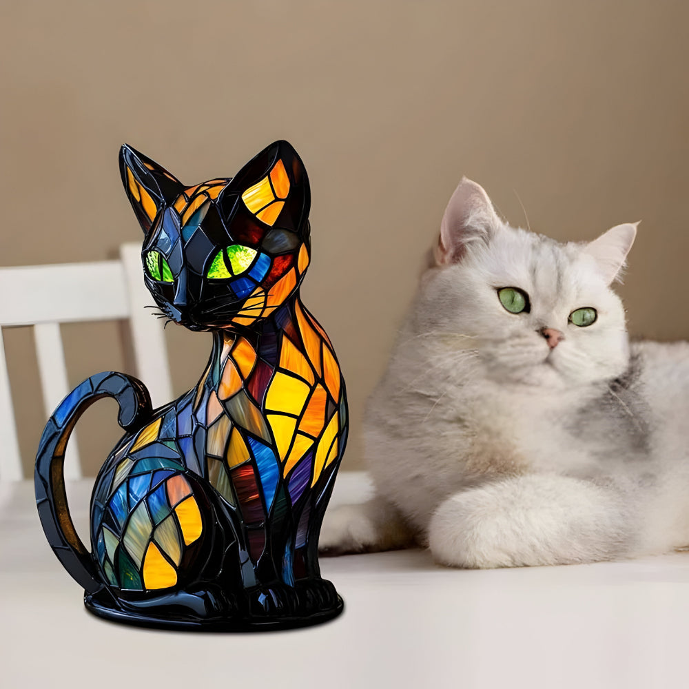 Handcrafted Mosaic Cat Lamp with Color-Changing Light