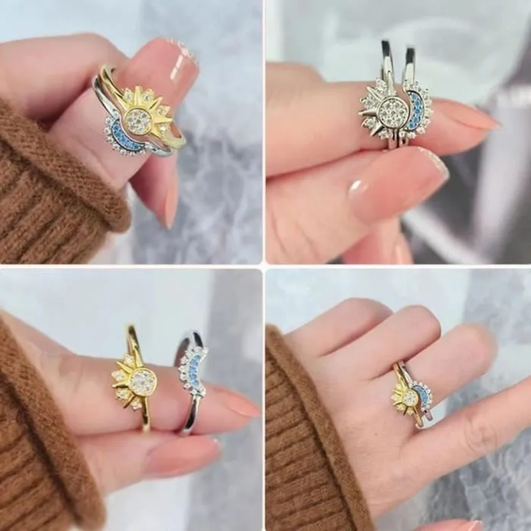 Adjustable Silver Sun and Moon Ring in 925 Sterling Silver